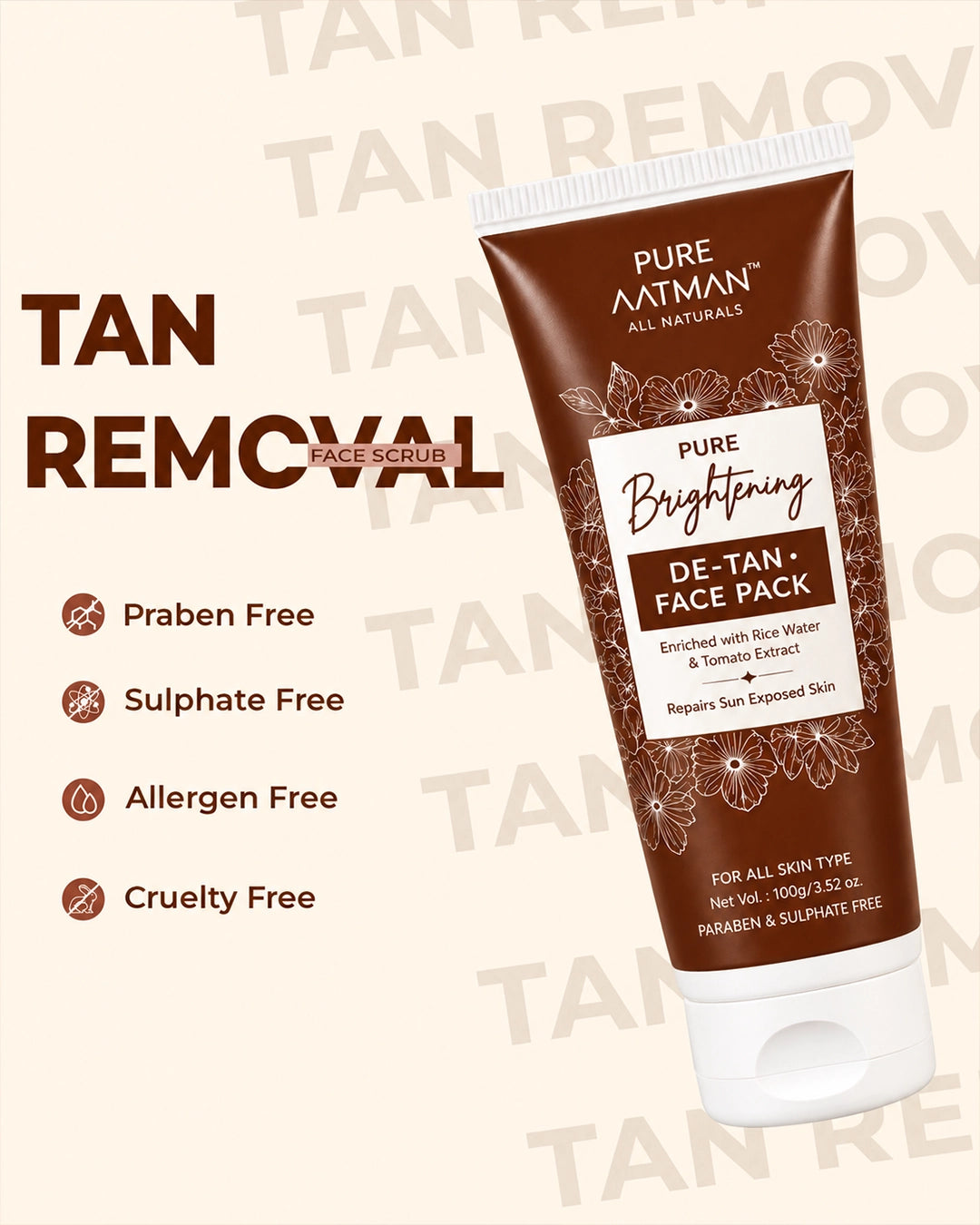 De-Tan Face Pack,with rice water and tomato extract, designed to reduce tanning and enhance natural glow, 100 gms