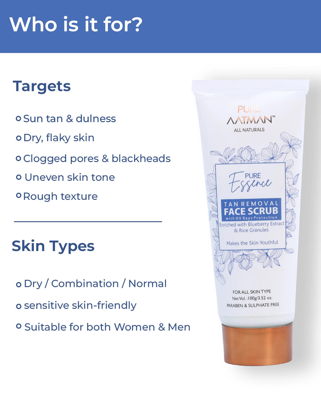Tan Removal Scrub with blueberry and rice extract | Gentle Exfoliator | Removes Tan and Blackheads | 100gm