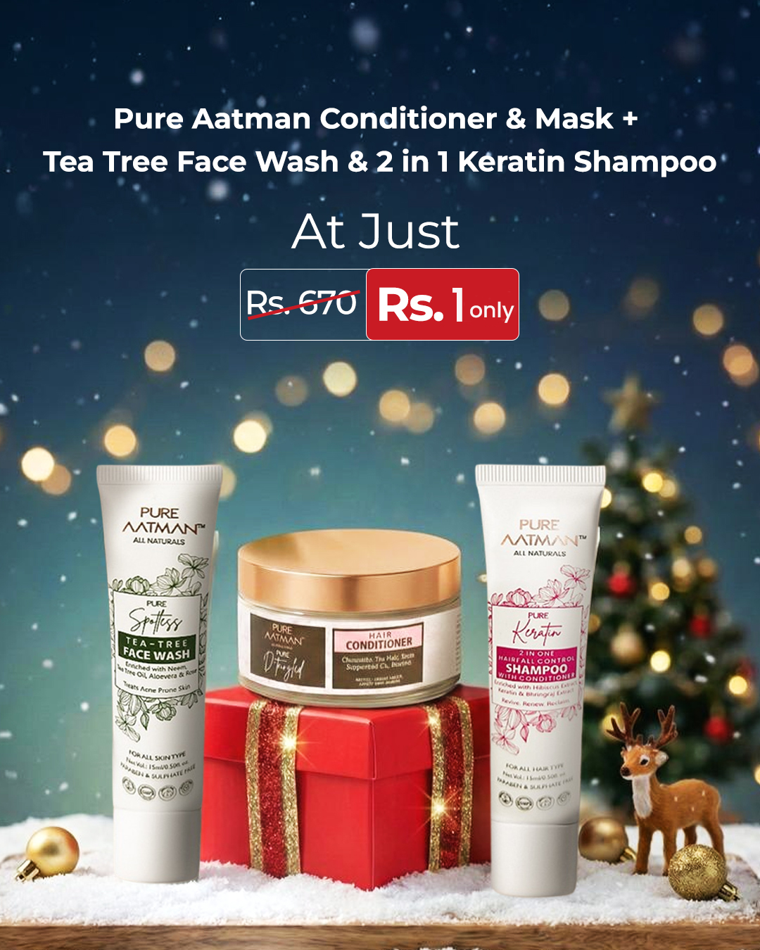 Pure Aatman Premium Hair Conditioner 200ml + Keratin 2 in 1 Shampoo 15ml + Tea Tree Face Wash 15ml