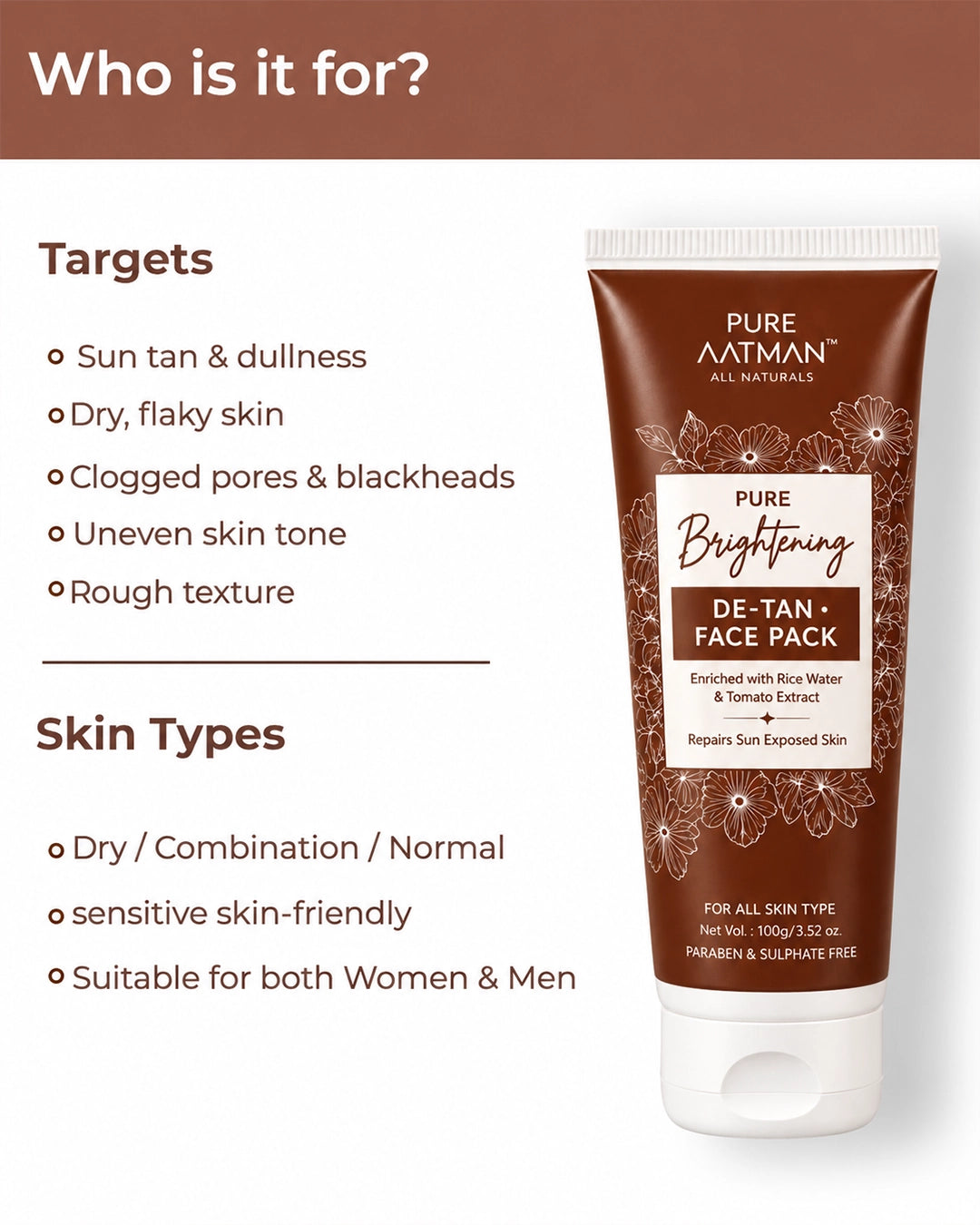 De-Tan Face Pack,with rice water and tomato extract, designed to reduce tanning and enhance natural glow, 100 gms