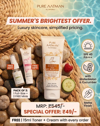Pure Aatman SPF 40 PA+++ Sunscreen | Matte Finish | With Watermelon & Cucumber | Pack of 3 + Free Toner & Cream