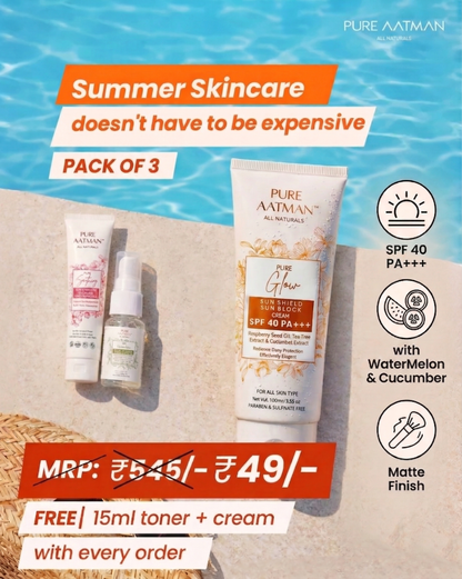 Pure Aatman SPF 40 PA+++ Sunscreen | Matte Finish | With Watermelon & Cucumber | Pack of 3 + Free Toner & Cream