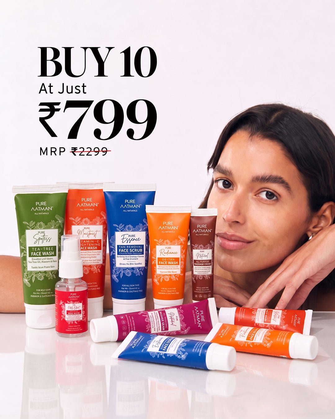 Pure Aatman Complete 10-Piece Skincare Mega Combo | Face Wash, Scrub, Face Pack, Cream & Rose Water | Paraben & Sulphate Free