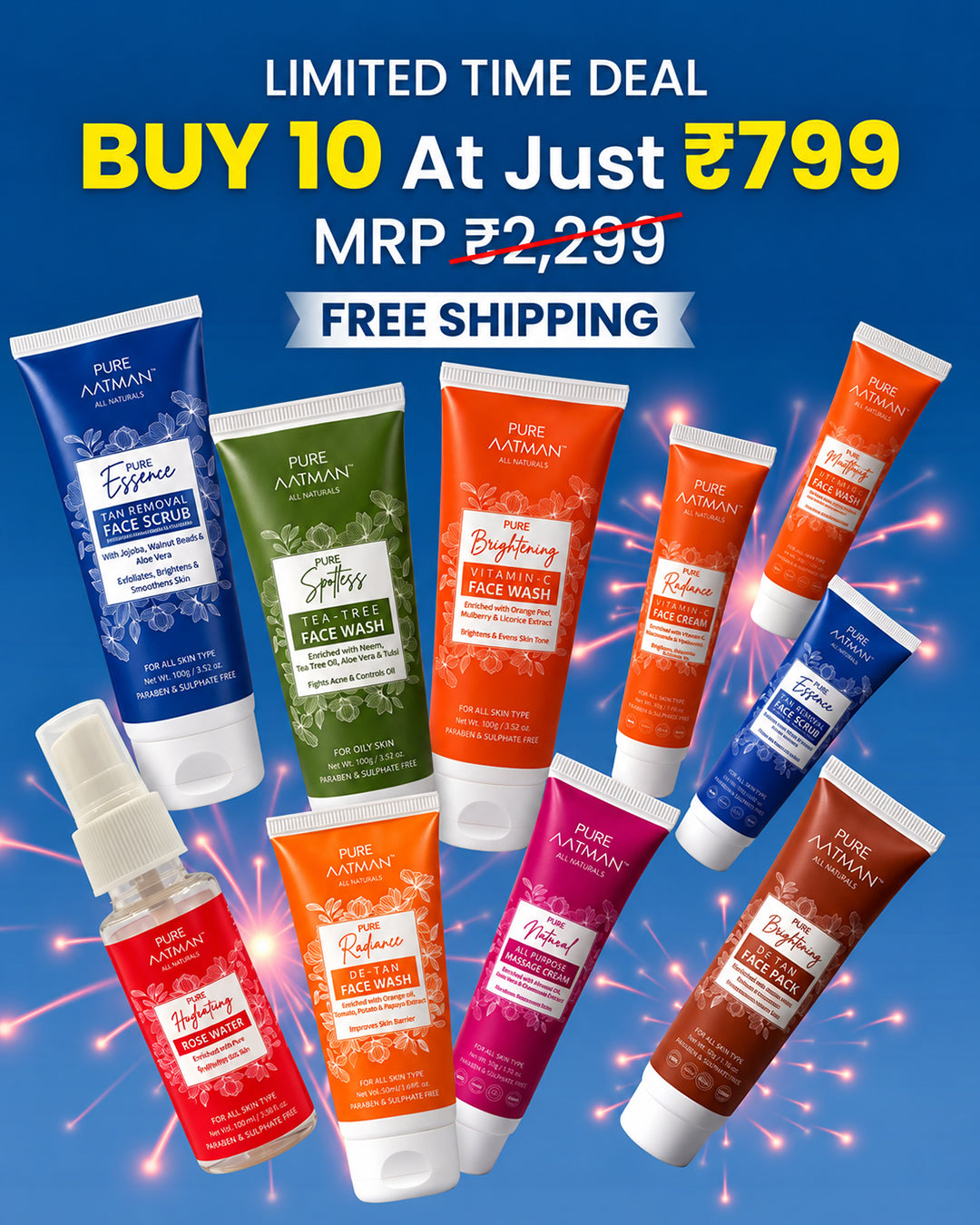 Pure Aatman Complete 10-Piece Skincare Mega Combo | Face Wash, Scrub, Face Pack, Cream & Rose Water | Paraben & Sulphate Free