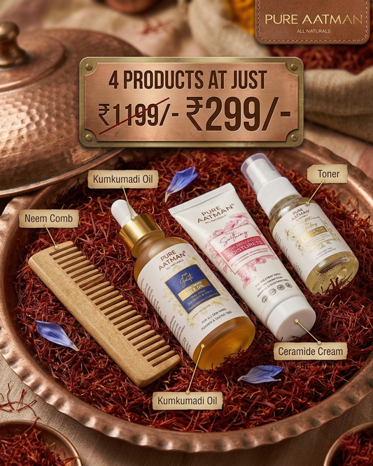 4-in-1 Natural Skincare Combo – Kumkumadi Face Oil, Ceramide Moisturizer, Facial Toner & Neem Comb | Brightening, Hydration & Skin Repair Kit | All Skin Types | Paraben-Free