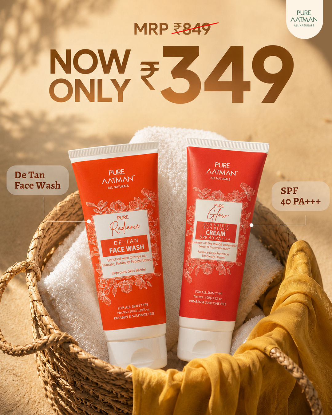 Pure Aatman Summer Protection Duo De-Tan Face Wash + SPF 40 PA+++ Sun Shield Cream
