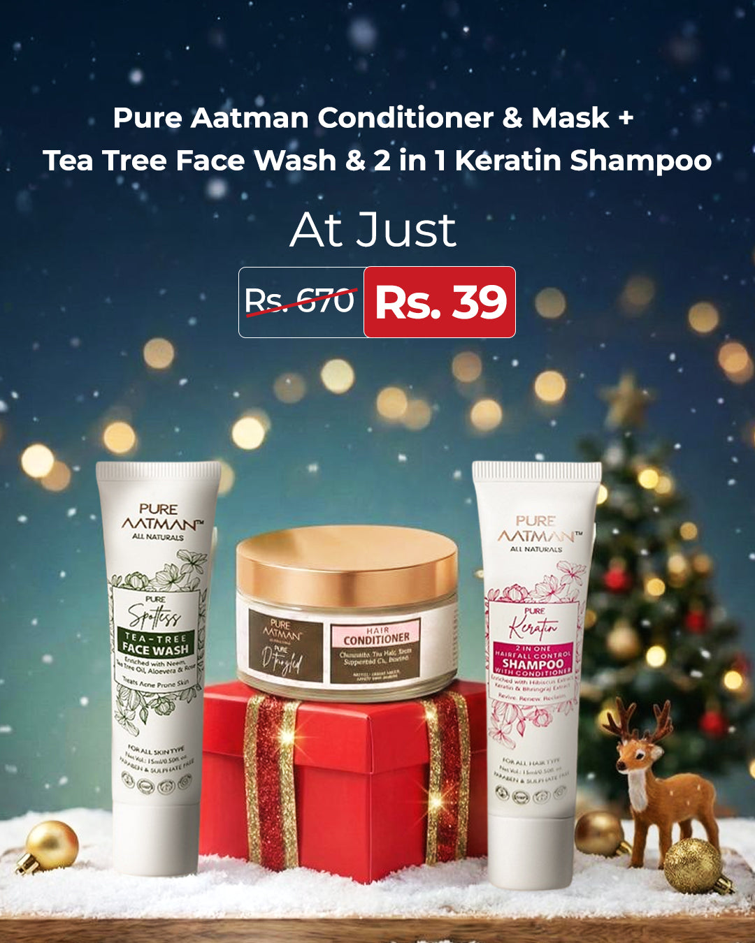 Pure Aatman Premium Hair Conditioner 200ml + Keratin 2 in 1 Shampoo 15ml + Tea Tree Face Wash 15ml