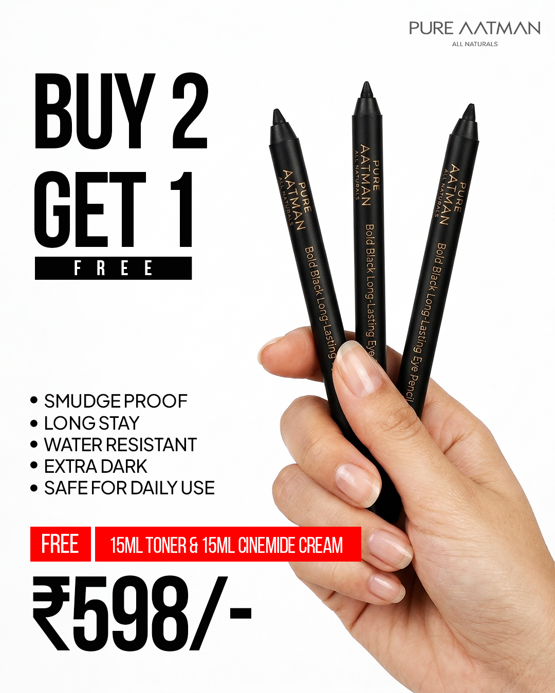Pure Aatman Kajal & Eyeliner 2-in-1 – Bold Black Long Lasting Eye Pencil BUY 2 GET 1 FREE OFFER | Water Resistant | Extra Dark Pigment | Ultra Smooth Kajal | Use as Kajal & Precision Eyeliner + FREE 15ML CERAMIDE CREAM & 7 WATER TONER WITH EVERY ORDER)