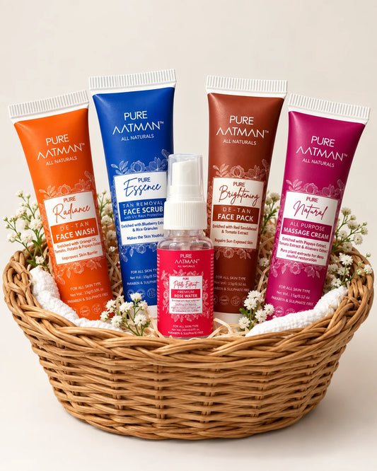 Pure Aatman Pack of 5 Skin Care Combo: De-Tan Face Pack, De-Tan Face Wash, Tan Removal Face Scrub, All Purpose Massage Cream & Rose Water