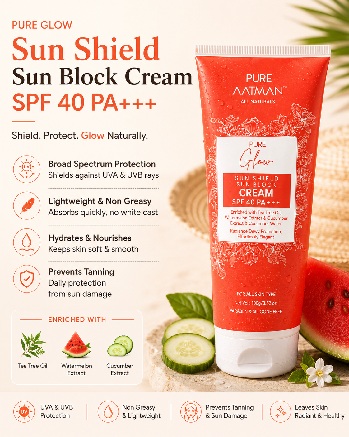 Pure Aatman Summer Protection Duo De-Tan Face Wash + SPF 40 PA+++ Sun Shield Cream