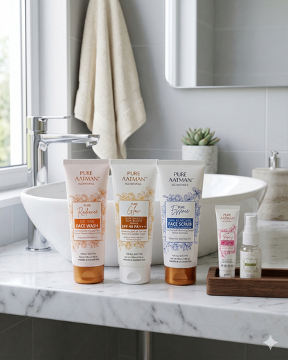 Pure Aatman Summer Skincare Combo – De-Tan Face Wash + SPF 40 Sunscreen + Tan Removal Scrub (Free Toner + Cream)