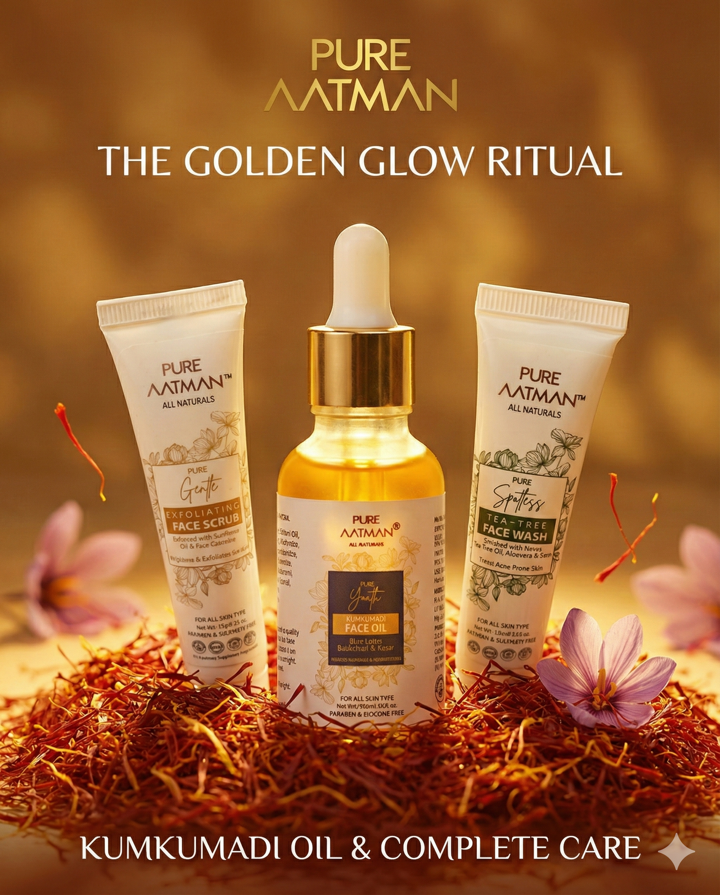 Pure Aatman Kumkumadi Radiance Combo – Face Wash, Exfoliating Scrub & Kumkumadi Face Oil (Complete Ayurvedic Skincare Ritual)