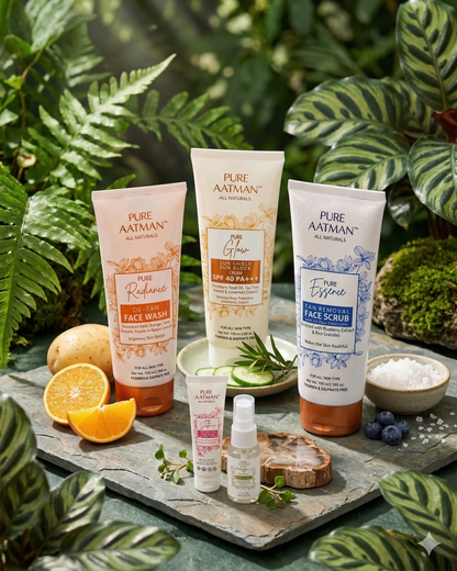 Pure Aatman Summer Skincare Combo – De-Tan Face Wash + SPF 40 Sunscreen + Tan Removal Scrub (Free Toner + Cream)