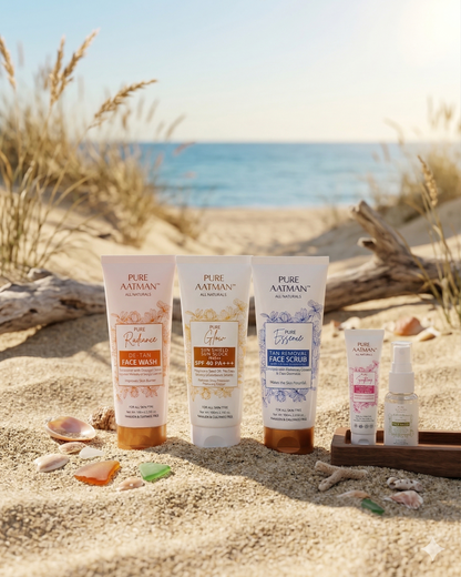 Pure Aatman Summer Skincare Combo – De-Tan Face Wash + SPF 40 Sunscreen + Tan Removal Scrub (Free Toner + Cream)