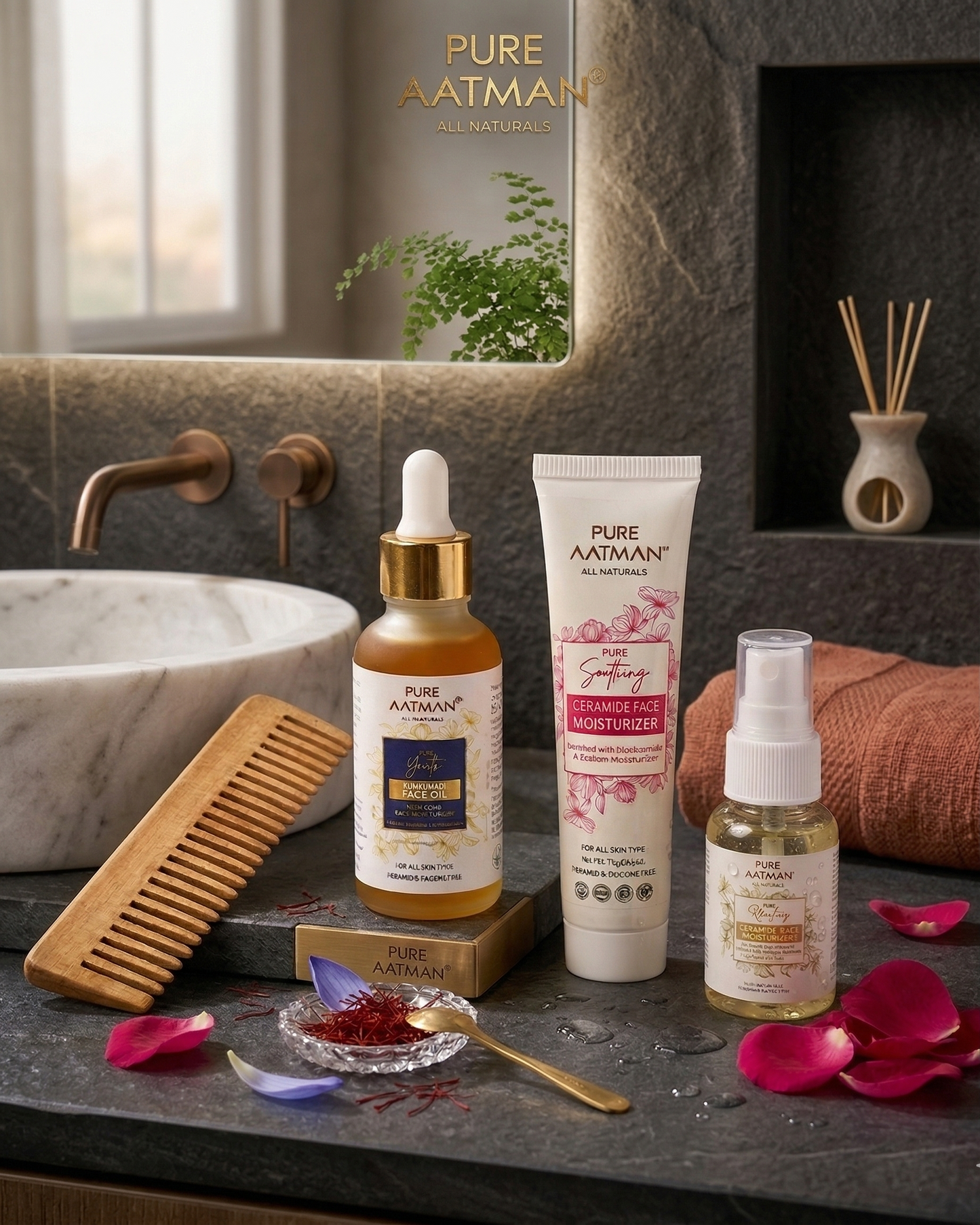 4-in-1 Natural Skincare Combo – Kumkumadi Face Oil, Ceramide Moisturizer, Facial Toner & Neem Comb | Brightening, Hydration & Skin Repair Kit | All Skin Types | Paraben-Free