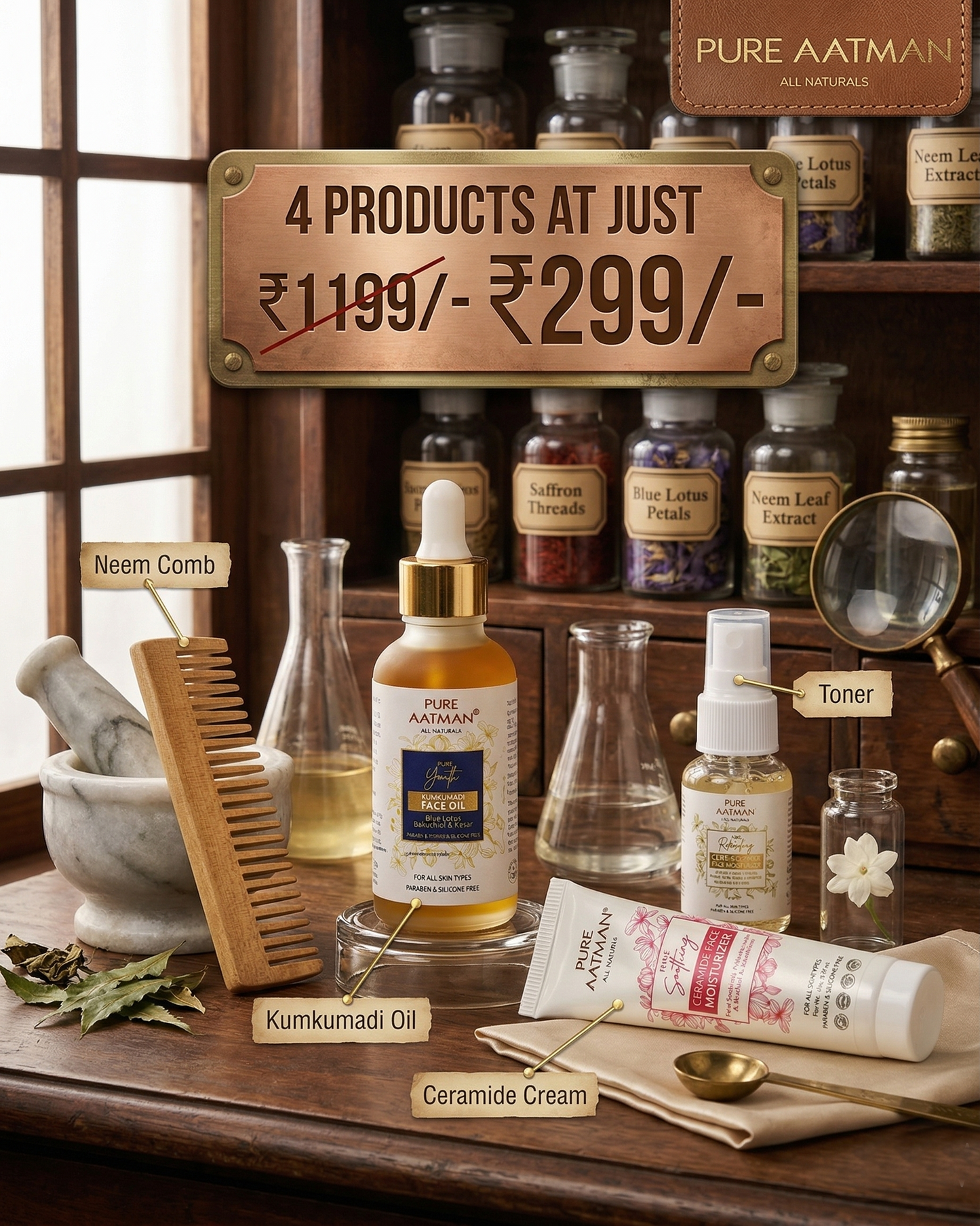 4-in-1 Natural Skincare Combo – Kumkumadi Face Oil, Ceramide Moisturizer, Facial Toner & Neem Comb | Brightening, Hydration & Skin Repair Kit | All Skin Types | Paraben-Free