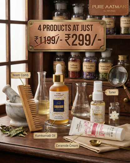 4-in-1 Natural Skincare Combo – Kumkumadi Face Oil, Ceramide Moisturizer, Facial Toner & Neem Comb | Brightening, Hydration & Skin Repair Kit | All Skin Types | Paraben-Free