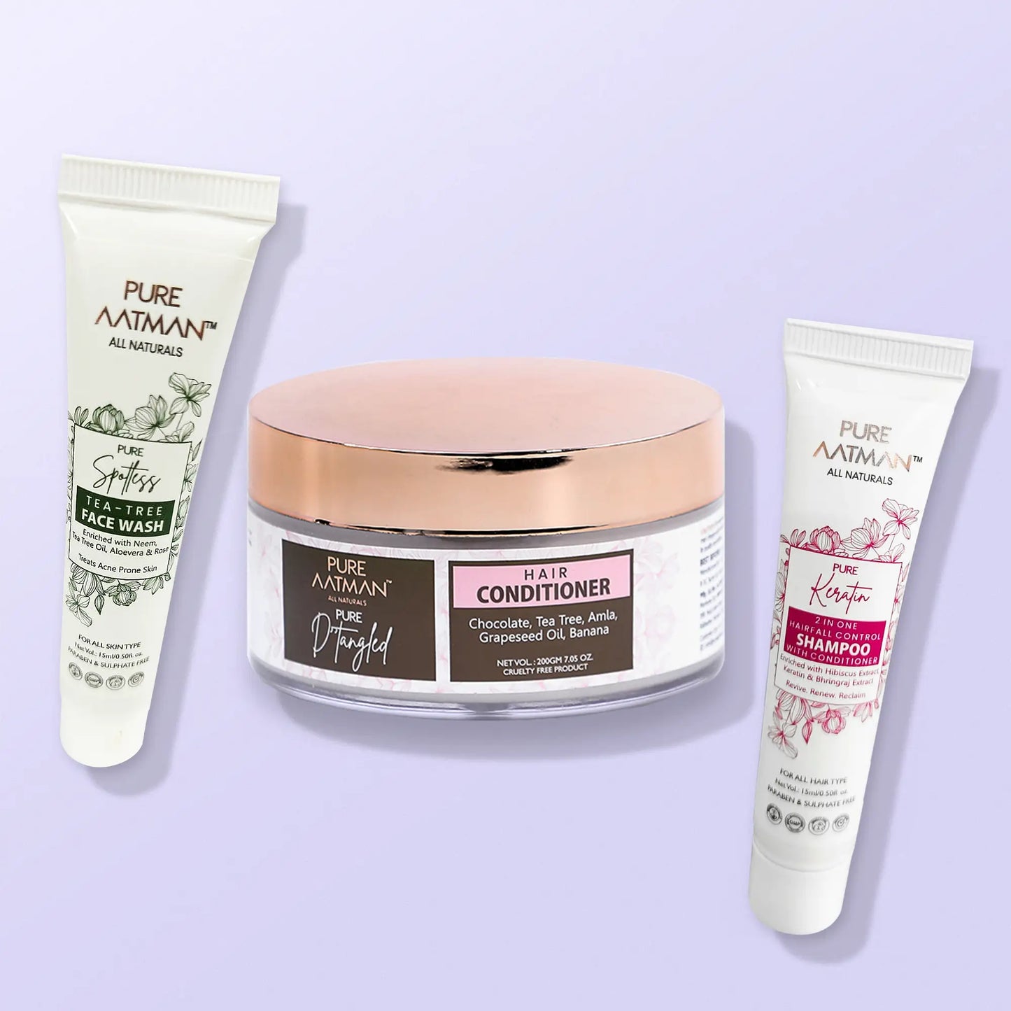 Pure Aatman Premium Hair Conditioner 200ml + Keratin 2 in 1 Shampoo 15ml + Tea Tree Face Wash 15ml
