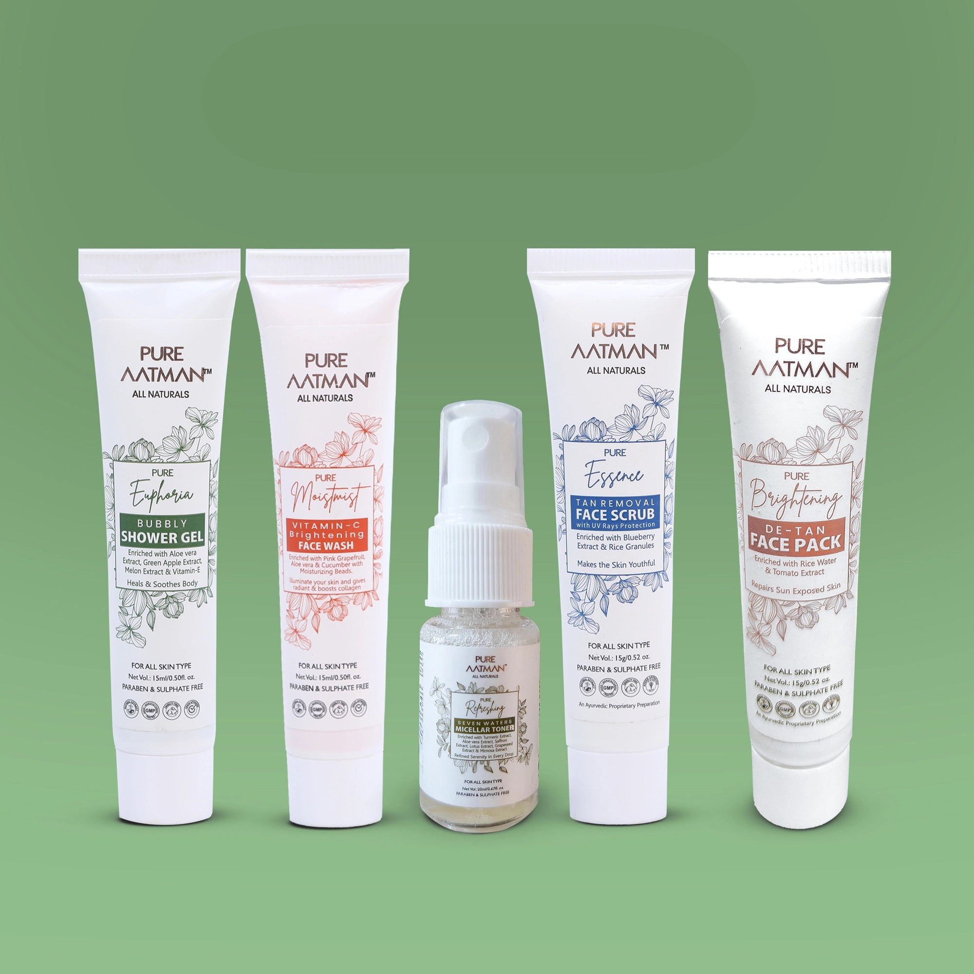 Pure Aatman Combo Of Blue Berry Face Scrub + Vitamin C Face Wash + Seven Water Toner +De Tan Face Pack + Bubbly Shower Gel