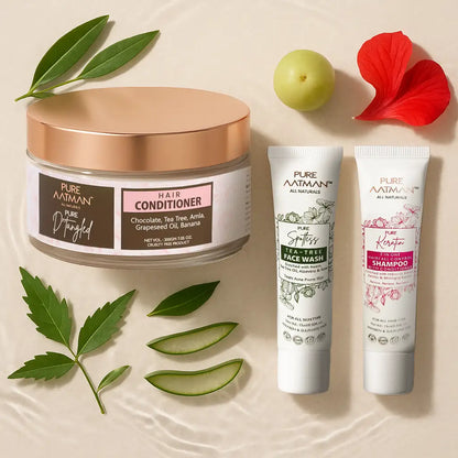 Pure Aatman Premium Hair Conditioner 200ml + Keratin 2 in 1 Shampoo 15ml + Tea Tree Face Wash 15ml