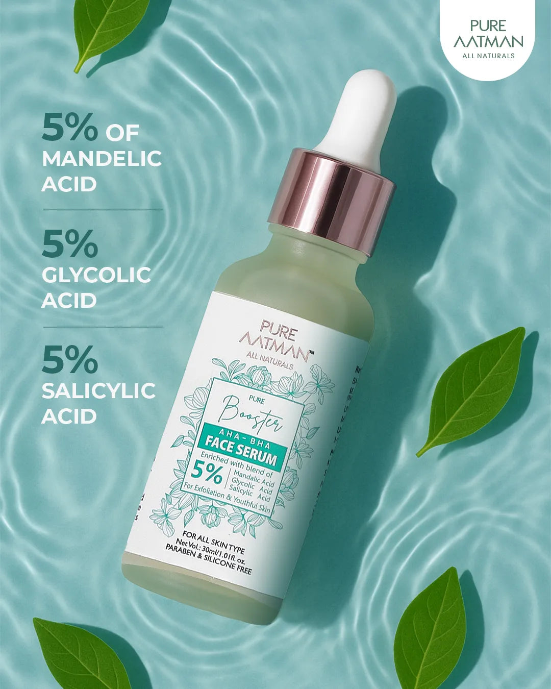 AHA & BHA Acne Solution for Face | Enrich with  5% OF MANDALIC ACID,  GLYCOLIC ACID, SALICYLIC ACID| Chemical peel for glowing face | Exfoliating serum|30ml | Suitable for all Skin type