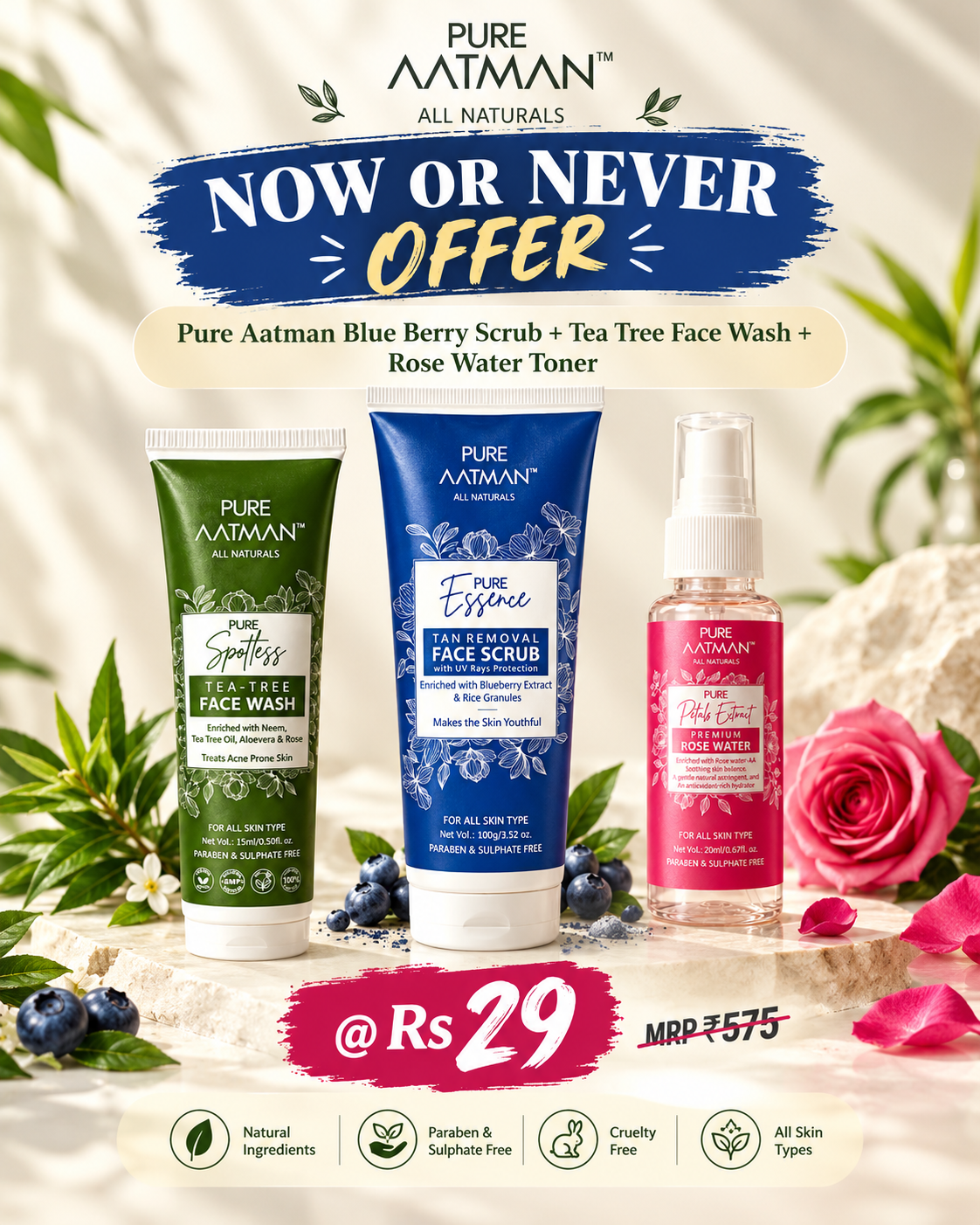PURE AATMAN PURE RITUAL MICRO EXFOLIATOR FACE SCRUB (100 g) + 15ML Tea Tree Face Wash & 15ML Rose Water Tonero