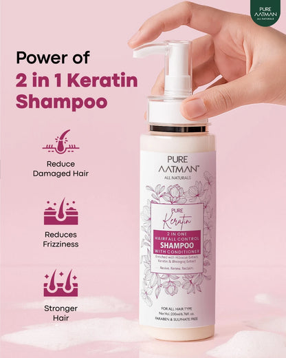 2 in 1 Keratin Shampoo & Conditioner for Hairfall,Straighter, Shinier Hair with Keratin & Bhringraj Oil, Nourishes Dry Hair, Controls Frizz Hair | Suitable for all Hairs | 200 ml + FREE  AYURVEDA HAIR OIL