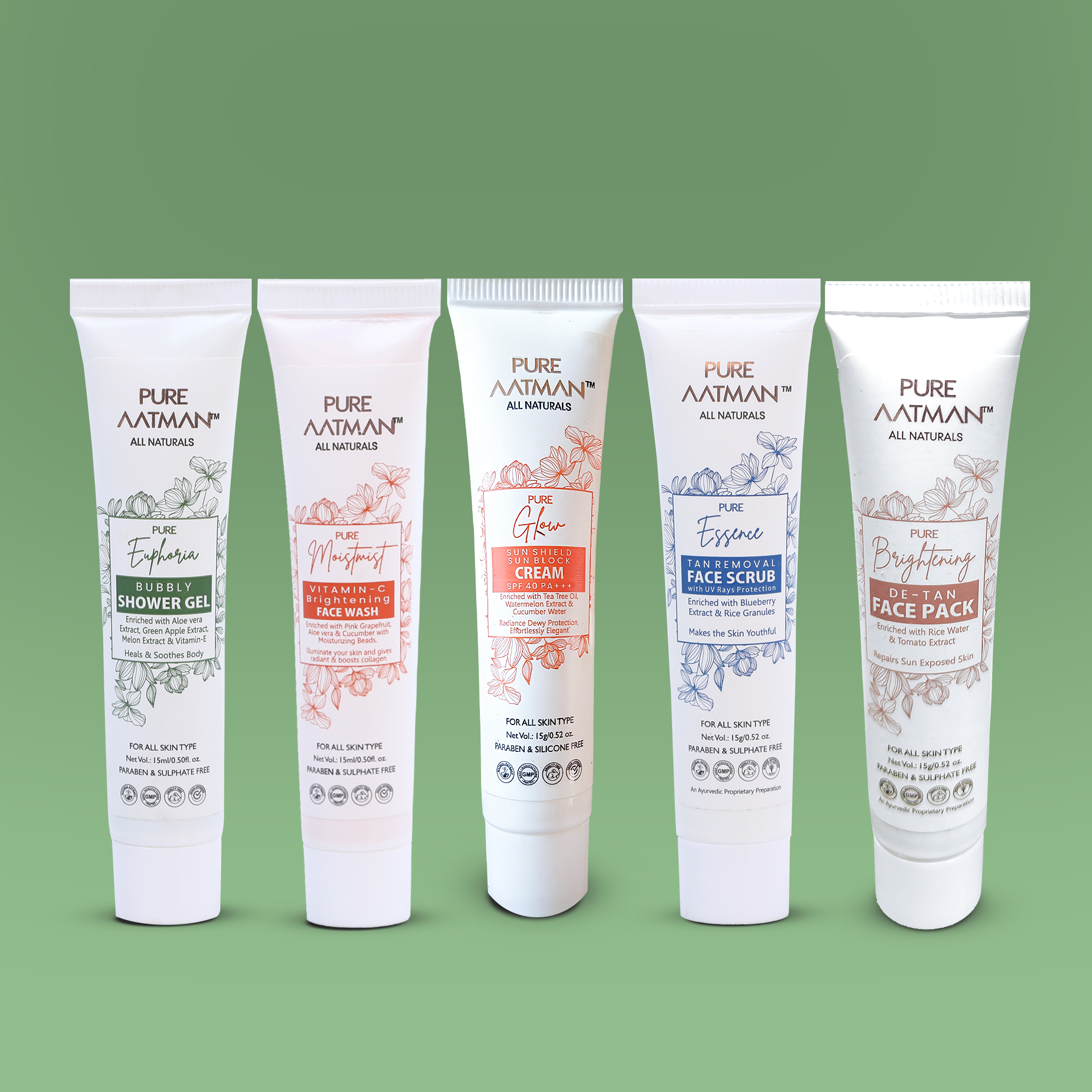 Pure Aatman Combo Of Blue Berry Face Scrub + Vitamin C Face Wash + SPF 40 Sunscreen +De Tan Face Pack + Bubbly Shower Gel