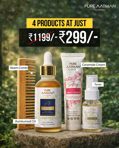 4-in-1 Natural Skincare Combo – Kumkumadi Face Oil, Ceramide Moisturizer, Facial Toner & Neem Comb | Brightening, Hydration & Skin Repair Kit | All Skin Types | Paraben-Free