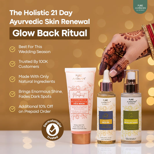 The Holistic 21-Day Ayurvedic Skin Renewal Ritual - Pack of Kumkumadi & Blue Lotus Oil + Seven water Micellar Toner + Vitamin C Face Wash with Pink Grapefruit