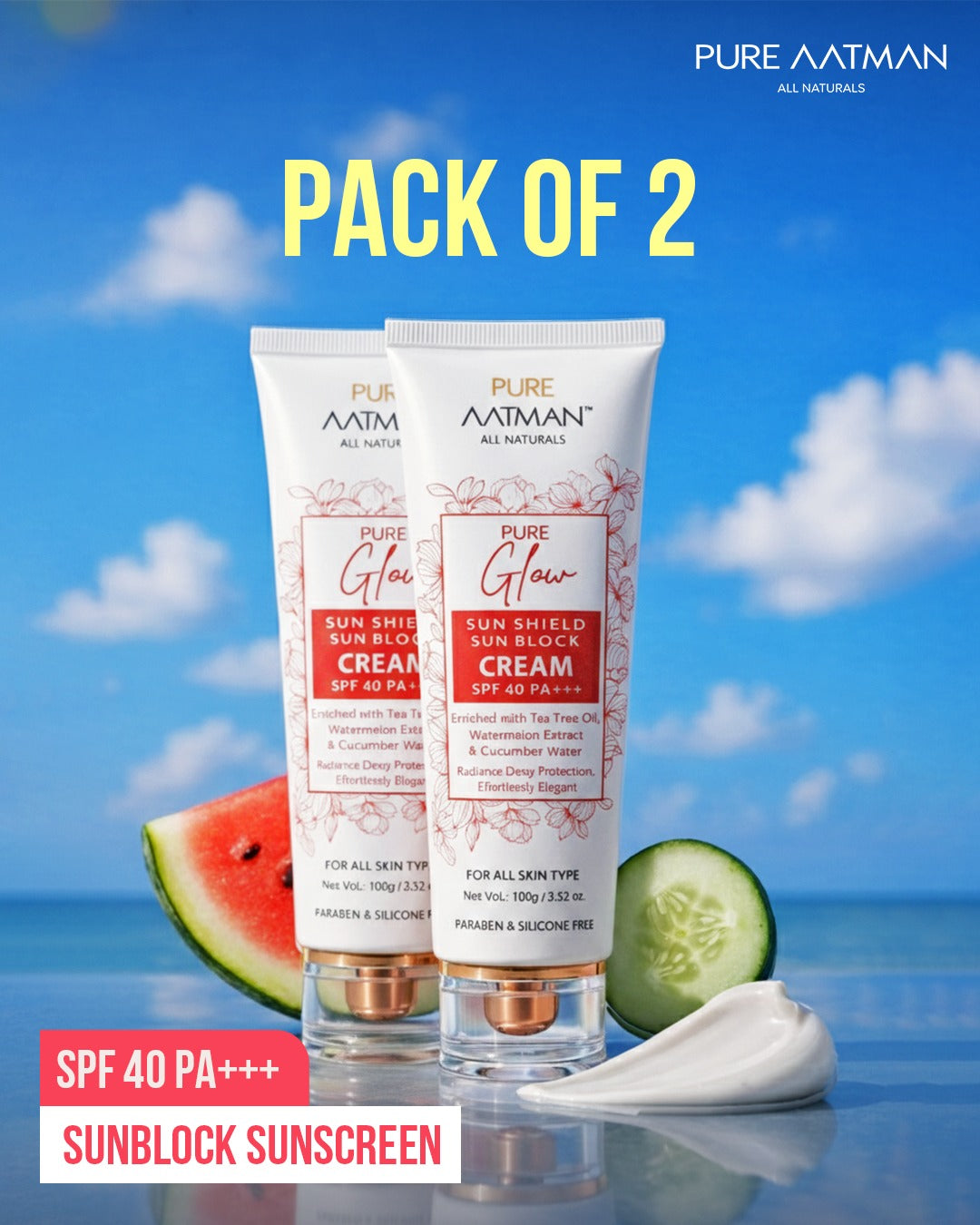Pure Aatman Glow Sun Shield Sunblock Cream SPF 40 PA+++ (Pack of 2) @99 Only