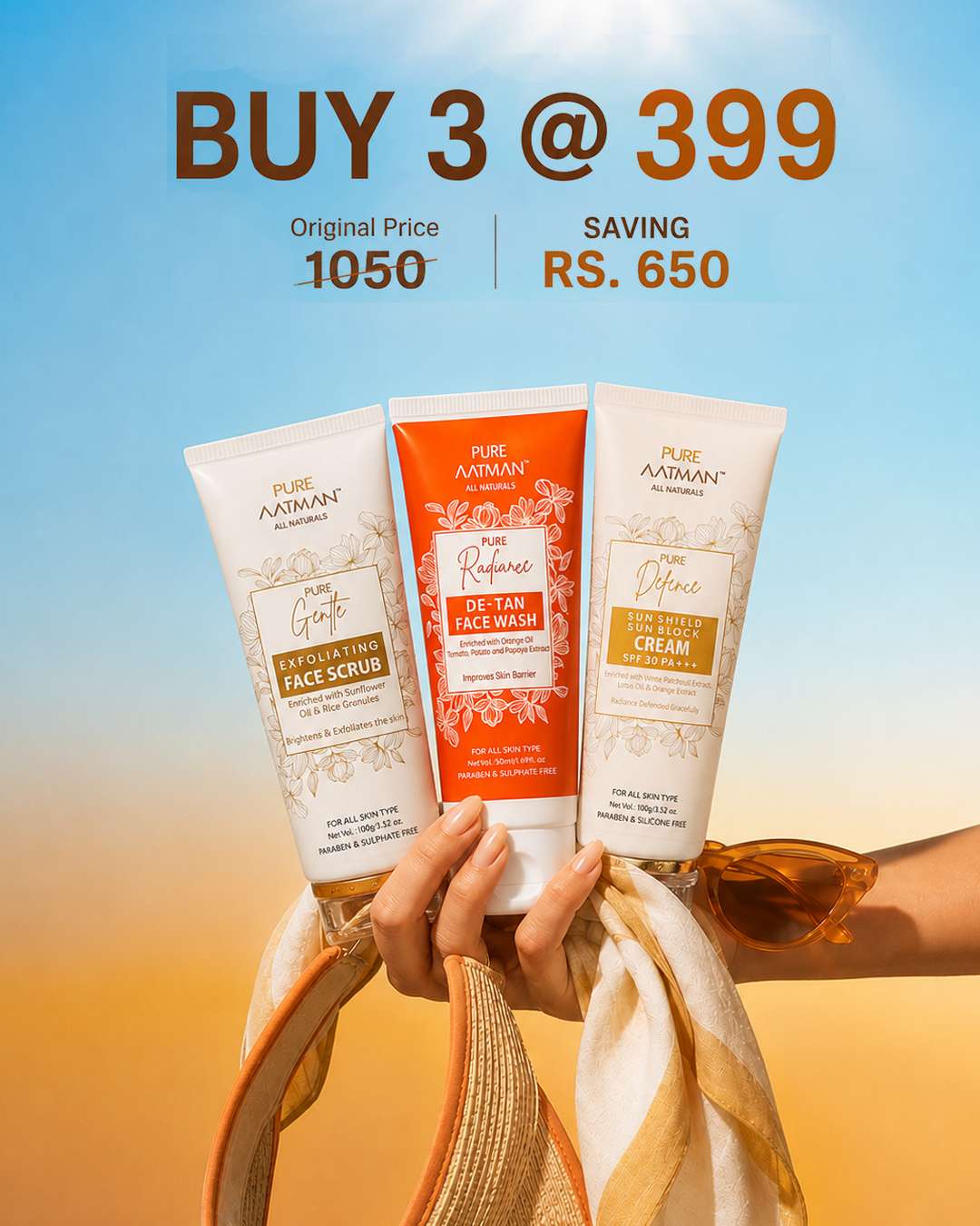Pure Aatman Summer Skin Essentials Combo | De-Tan Face Wash + Exfoliating Face Scrub + SPF 30 Sunscreen | Buy 3 @ ₹399
