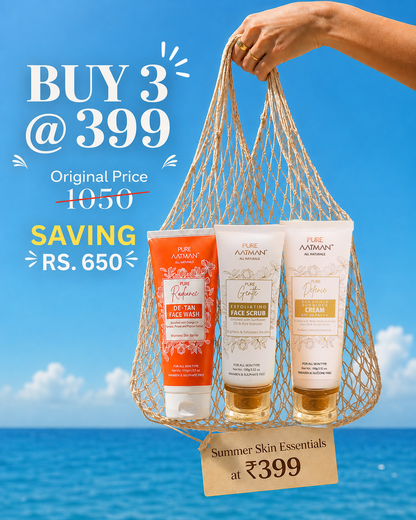 Pure Aatman Summer Skin Essentials Combo | De-Tan Face Wash + Exfoliating Face Scrub + SPF 30 Sunscreen | Buy 3 @ ₹399