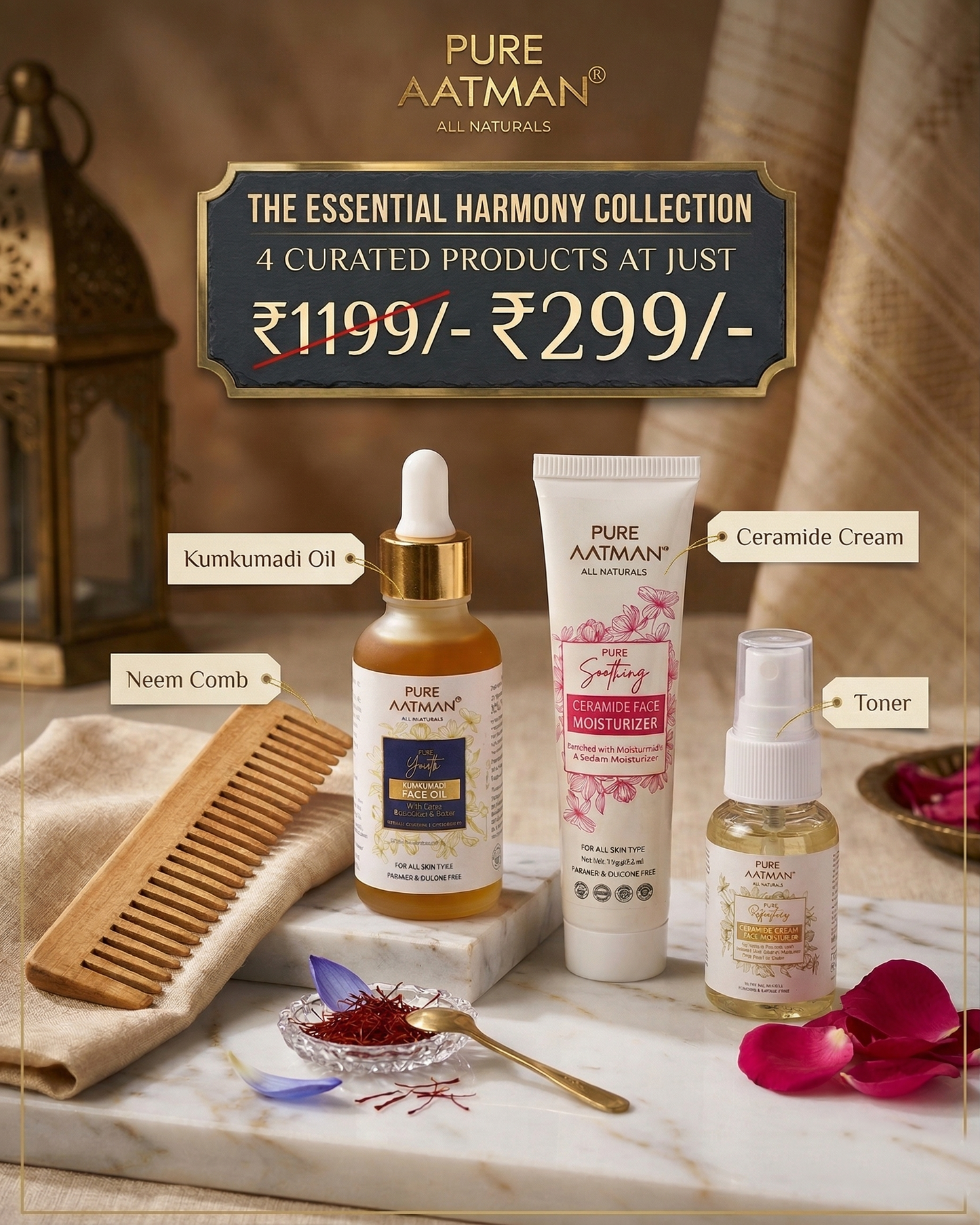 4-in-1 Natural Skincare Combo – Kumkumadi Face Oil, Ceramide Moisturizer, Facial Toner & Neem Comb | Brightening, Hydration & Skin Repair Kit | All Skin Types | Paraben-Free