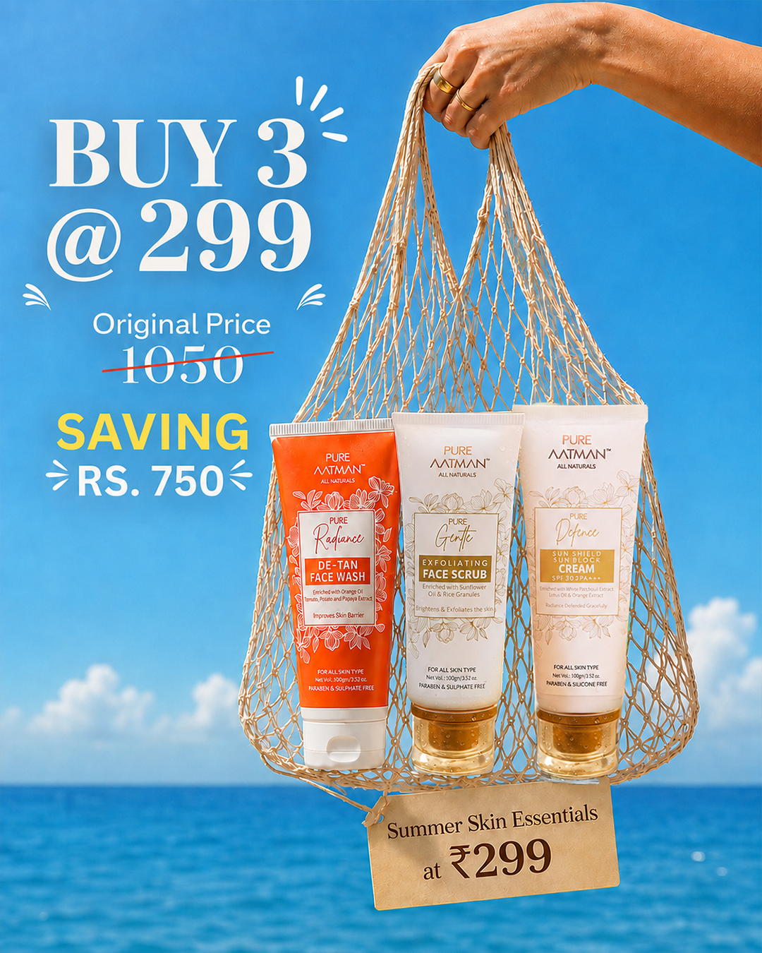 Pure Aatman Summer Skin Essentials Combo | De-Tan Face Wash + Exfoliating Face Scrub + SPF 30 Sunscreen | Buy 3 @ ₹299