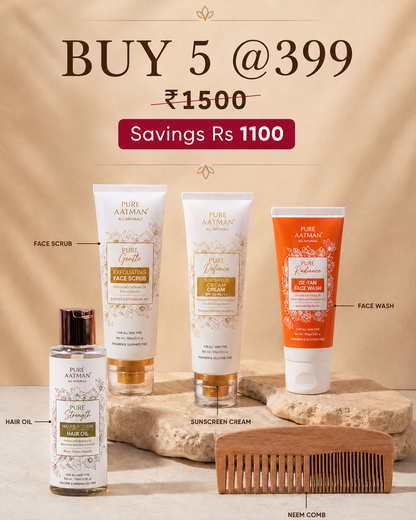 Pure Aatman Buy 5 Skincare & Haircare Combo @ ₹399 | Face Scrub, Sunscreen, De-Tan Face Wash, Hair Oil & Neem Comb