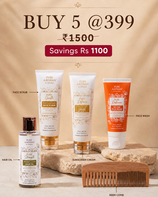 Pure Aatman Buy 5 Skincare & Haircare Combo @ ₹399 | Face Scrub, Sunscreen, De-Tan Face Wash, Hair Oil & Neem Comb