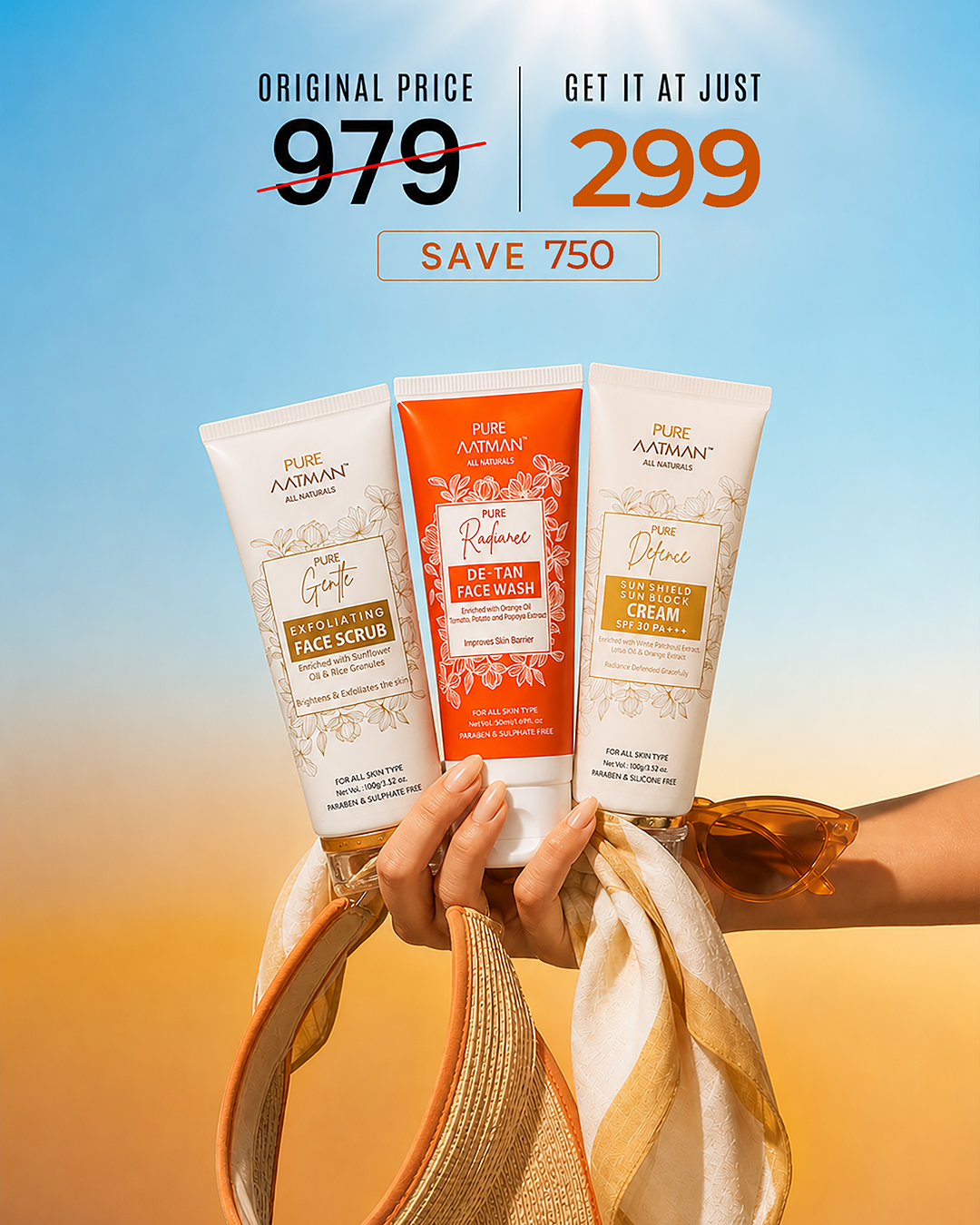 Pure Aatman Summer Skin Essentials Combo | De-Tan Face Wash + Exfoliating Face Scrub + SPF 30 Sunscreen | Buy 3 @ ₹299