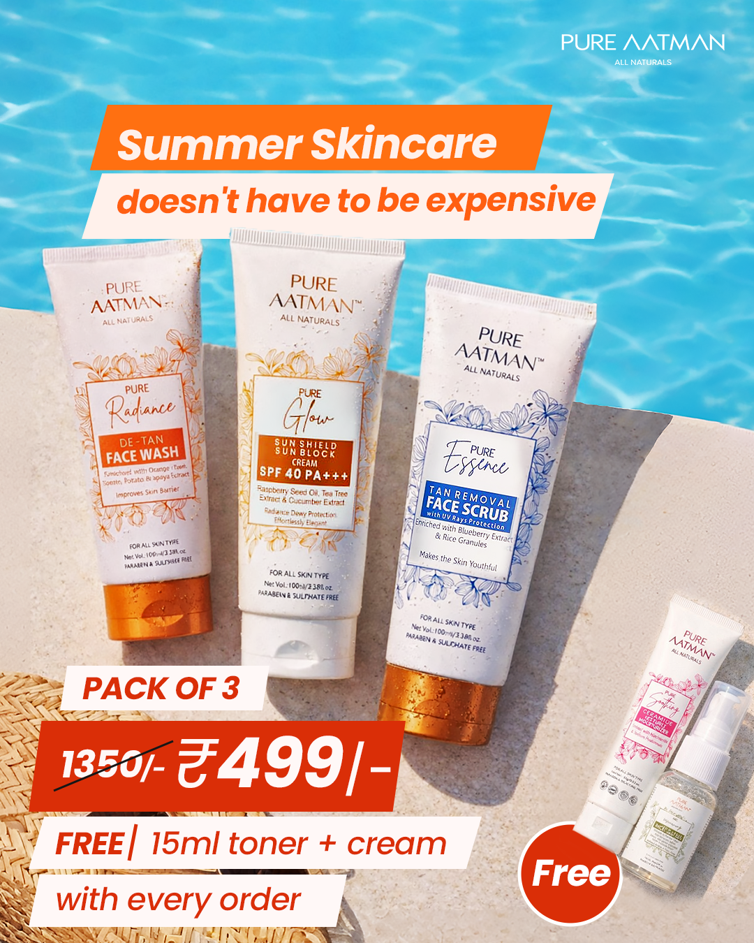Pure Aatman Summer Skincare Combo – De-Tan Face Wash + SPF 40 Sunscreen + Tan Removal Scrub (Free Toner + Cream)